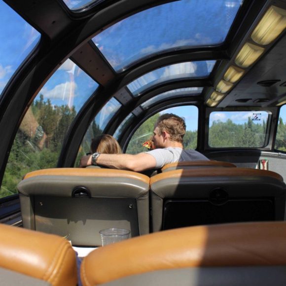 Un individu et un enfant à bord du train de Churchill, regardant dehors pour capturer la beauté de la nature pendant qu'ils voyagent.