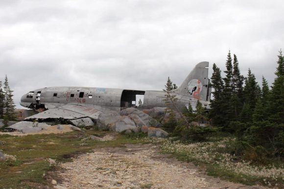 Sites historiques du Manitoba : L'avion Miss Piggy à Churchill, un célèbre avion accidenté exposé dans un cadre extérieur accidenté.