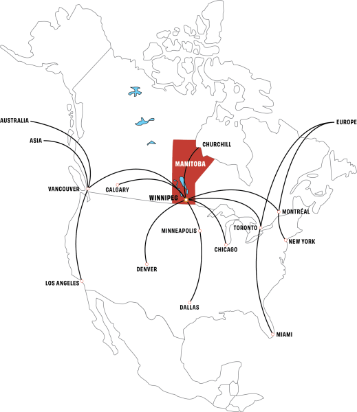 Carte des vols en Amérique du Nord indiquant les vols à destination de Winnipeg, Manitoba